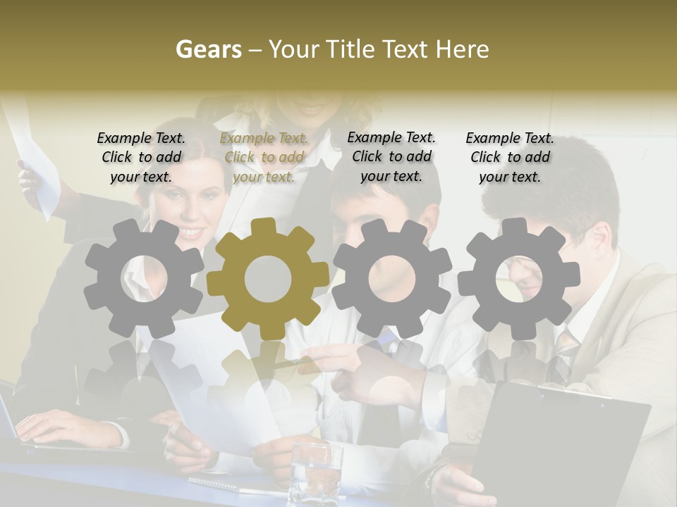 Group Of People Sitting At A Blue Table And Discussing Business Questions PowerPoint Template