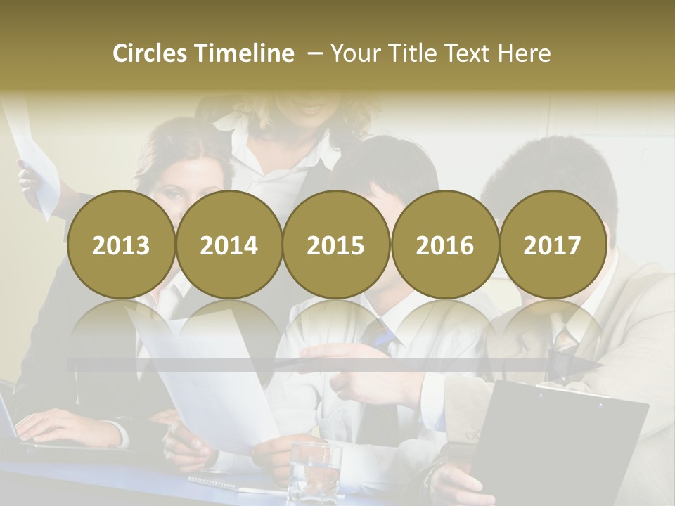 Group Of People Sitting At A Blue Table And Discussing Business Questions PowerPoint Template