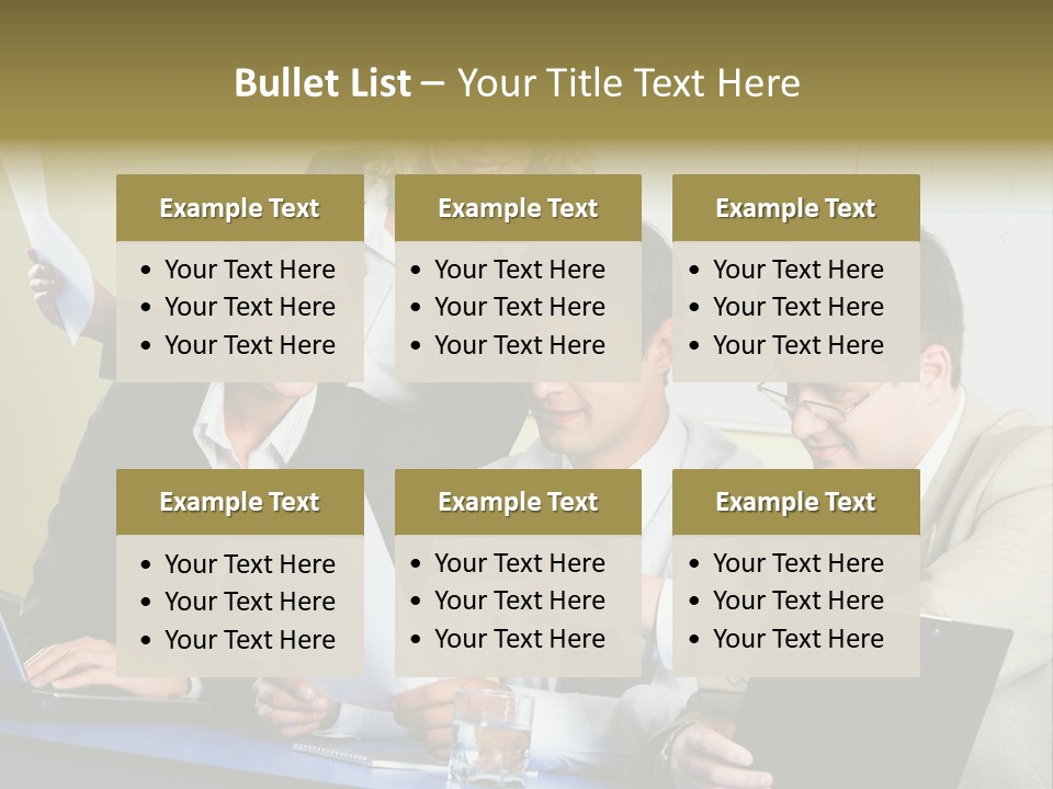 Group Of People Sitting At A Blue Table And Discussing Business Questions PowerPoint Template
