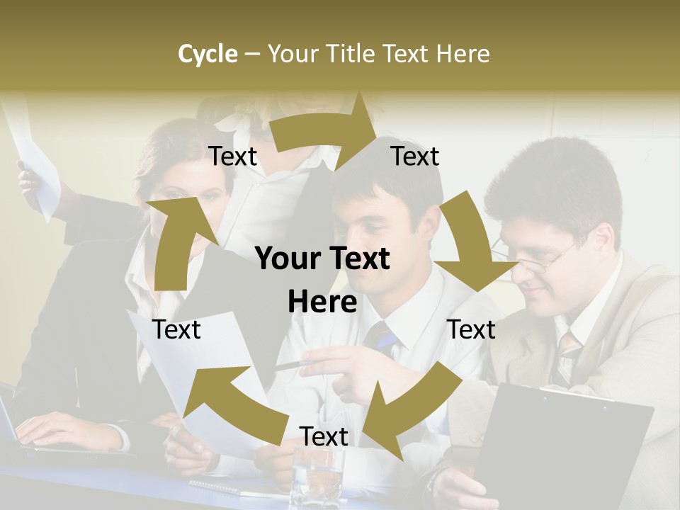 Group Of People Sitting At A Blue Table And Discussing Business Questions PowerPoint Template