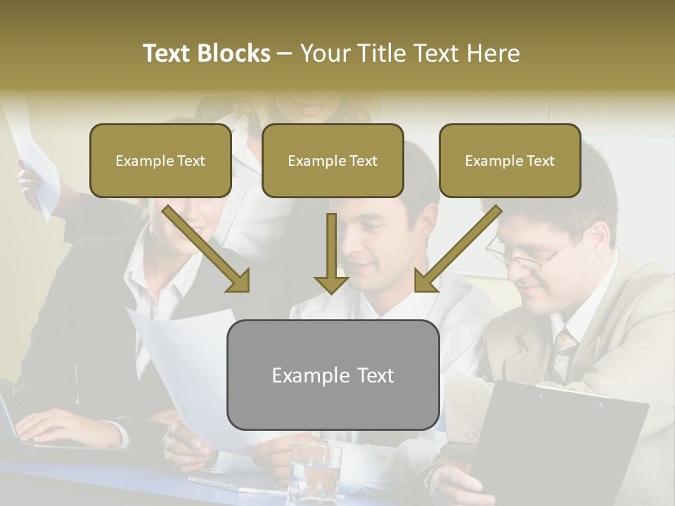Group Of People Sitting At A Blue Table And Discussing Business Questions PowerPoint Template