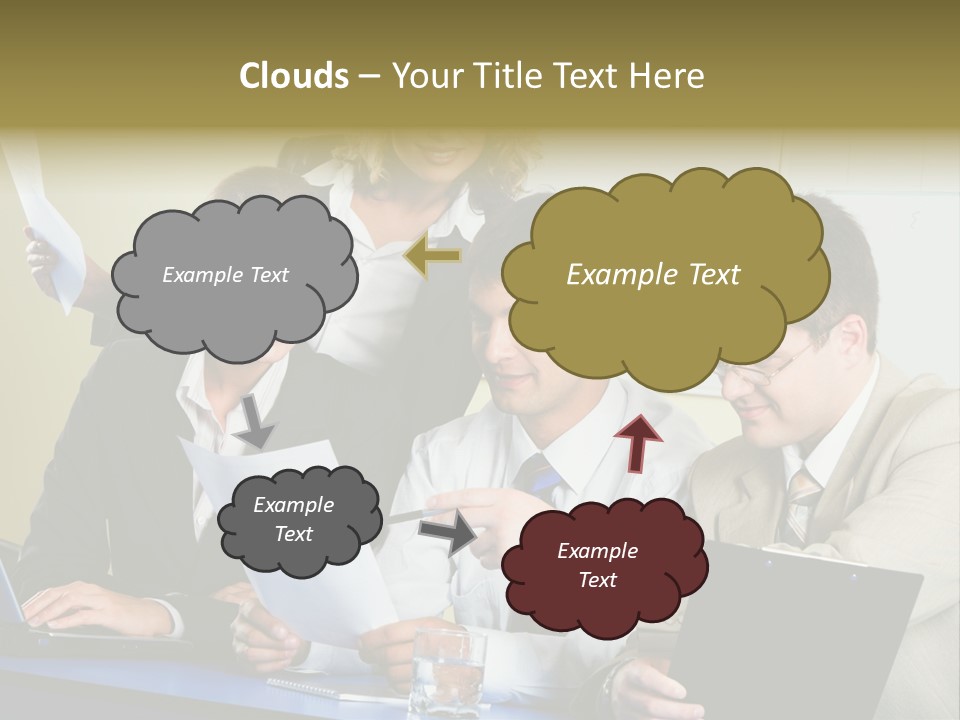Group Of People Sitting At A Blue Table And Discussing Business Questions PowerPoint Template