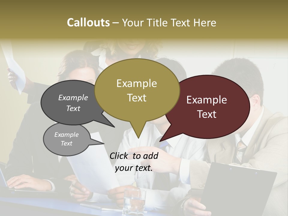 Group Of People Sitting At A Blue Table And Discussing Business Questions PowerPoint Template