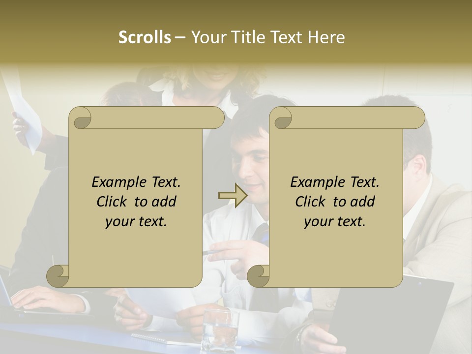 Group Of People Sitting At A Blue Table And Discussing Business Questions PowerPoint Template