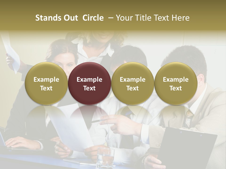 Group Of People Sitting At A Blue Table And Discussing Business Questions PowerPoint Template