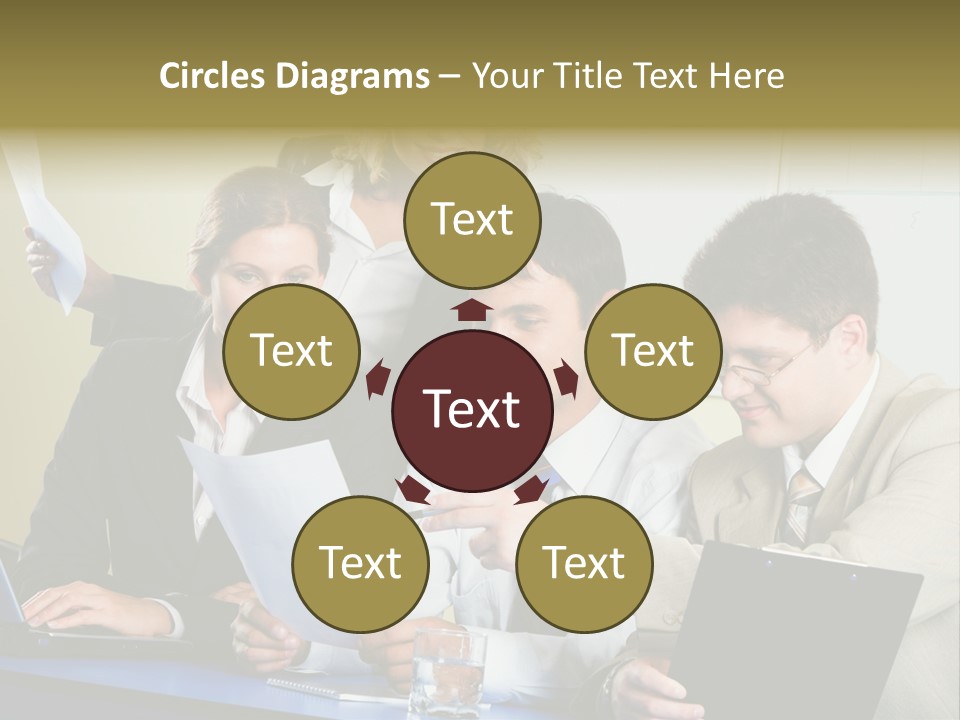 Group Of People Sitting At A Blue Table And Discussing Business Questions PowerPoint Template