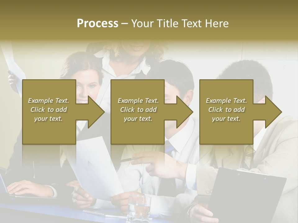 Group Of People Sitting At A Blue Table And Discussing Business Questions PowerPoint Template