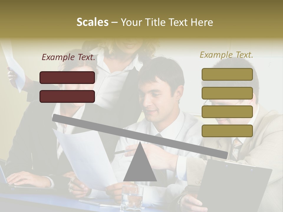 Group Of People Sitting At A Blue Table And Discussing Business Questions PowerPoint Template