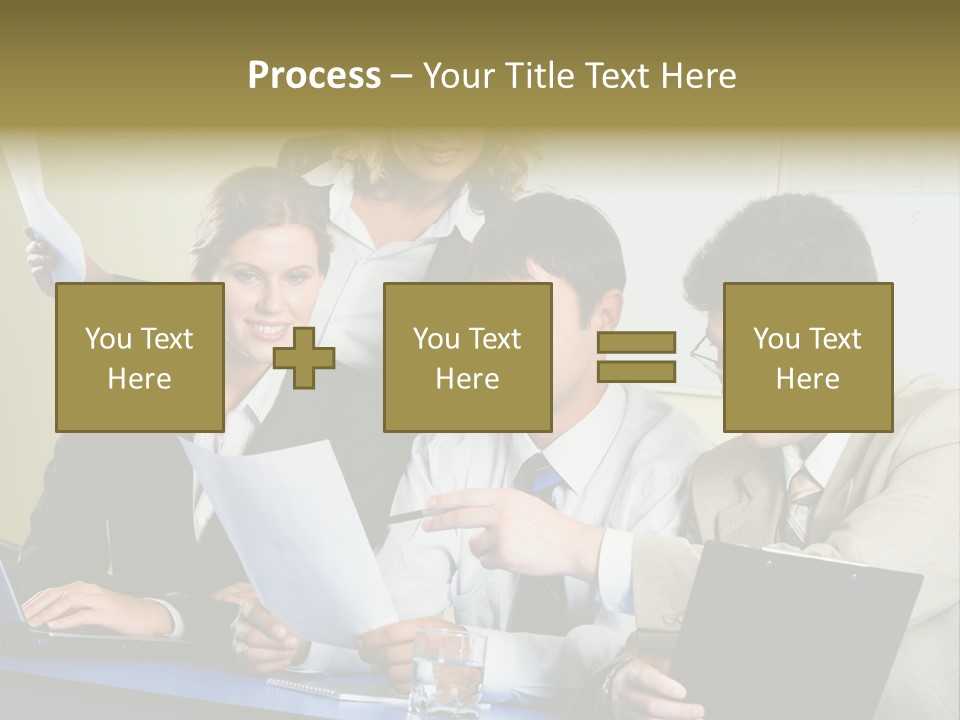 Group Of People Sitting At A Blue Table And Discussing Business Questions PowerPoint Template
