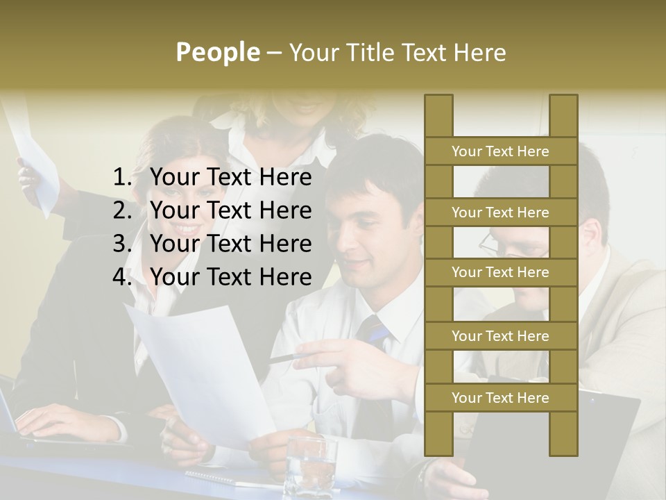 Group Of People Sitting At A Blue Table And Discussing Business Questions PowerPoint Template