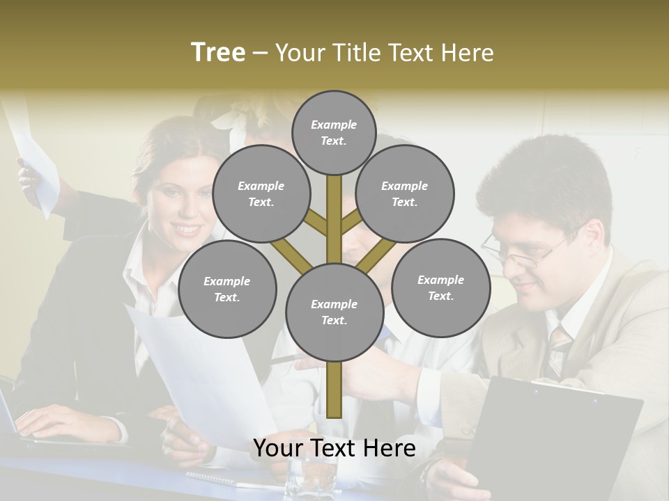 Group Of People Sitting At A Blue Table And Discussing Business Questions PowerPoint Template