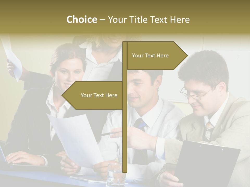 Group Of People Sitting At A Blue Table And Discussing Business Questions PowerPoint Template