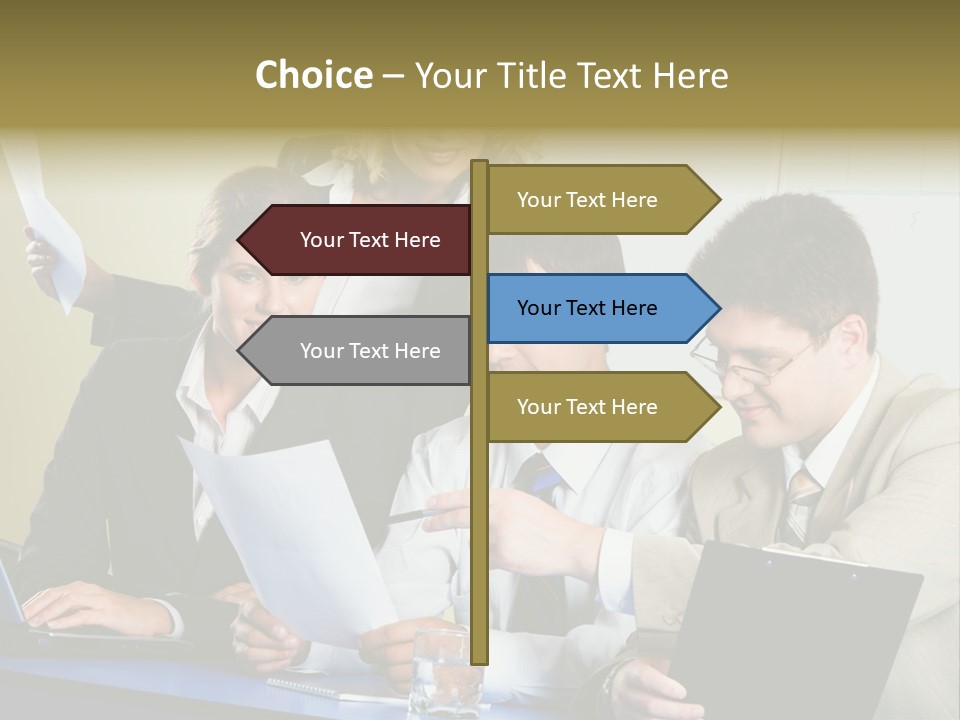 Group Of People Sitting At A Blue Table And Discussing Business Questions PowerPoint Template
