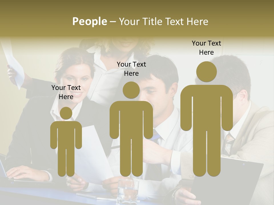 Group Of People Sitting At A Blue Table And Discussing Business Questions PowerPoint Template