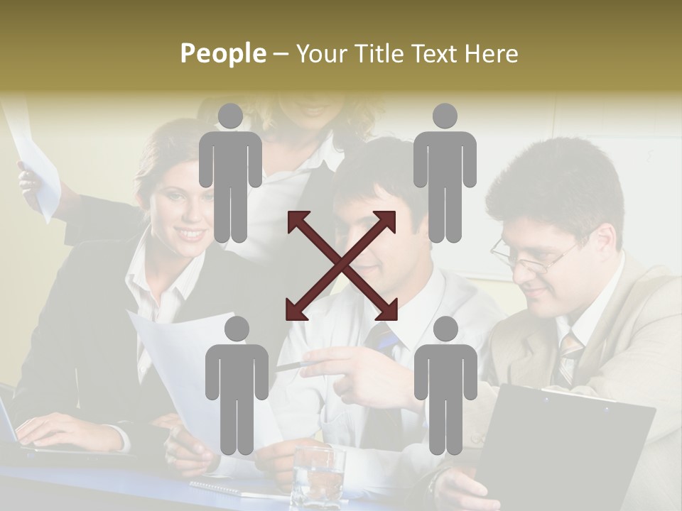 Group Of People Sitting At A Blue Table And Discussing Business Questions PowerPoint Template