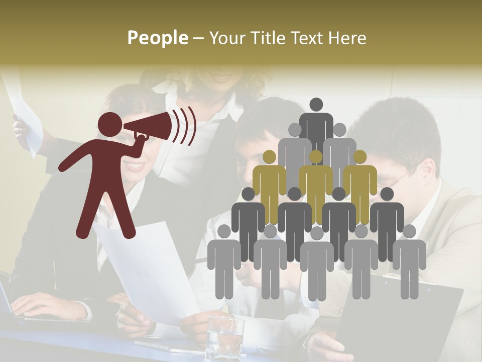 Group Of People Sitting At A Blue Table And Discussing Business Questions PowerPoint Template