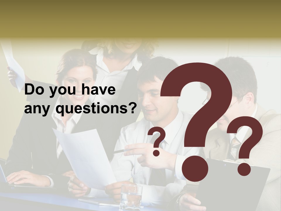 Group Of People Sitting At A Blue Table And Discussing Business Questions PowerPoint Template