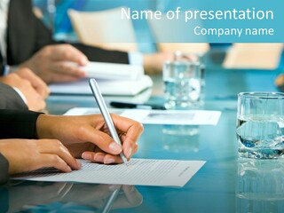 Row Of Hands Making Notes During A Seminar PowerPoint Template