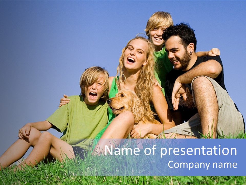 A Group Of People Sitting On The Grass With A Dog PowerPoint Template