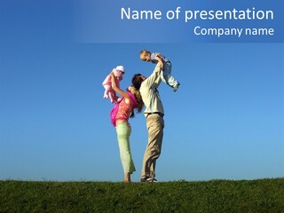 Happy Family With Two Children On Blue Sky 2 PowerPoint Template