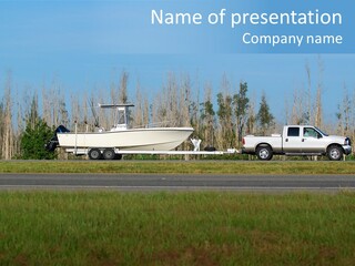 Pickup Truck Towing Boat On Trailer PowerPoint Template