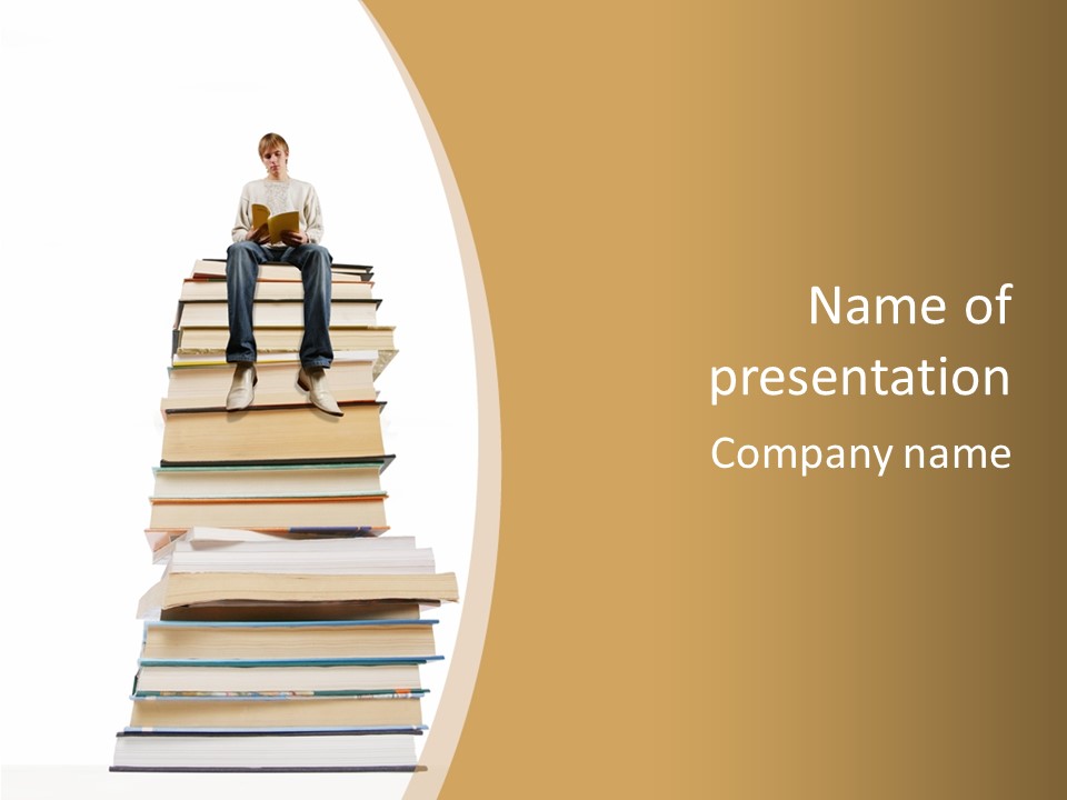 Guy Sits On A Pile Of Books And Reads PowerPoint Template