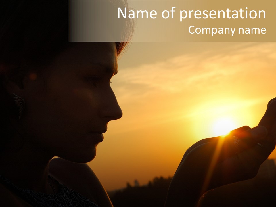 A Woman Holding A Cell Phone In Front Of A Sunset PowerPoint Template