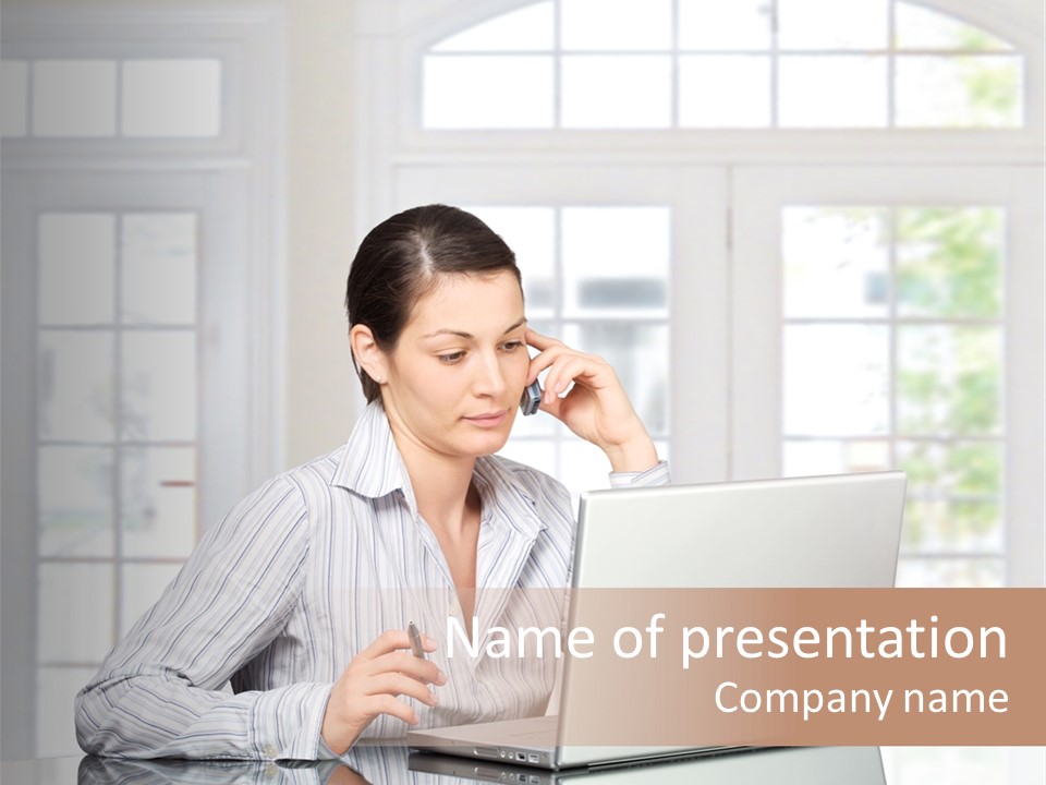 Young Woman Calls On Cellphone Over A Laptop Computer. There Is Morning At Home In A Light And Clean Living Room Dominated By White And Soft Tones. PowerPoint Template