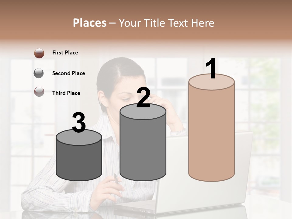 Young Woman Calls On Cellphone Over A Laptop Computer. There Is Morning At Home In A Light And Clean Living Room Dominated By White And Soft Tones. PowerPoint Template