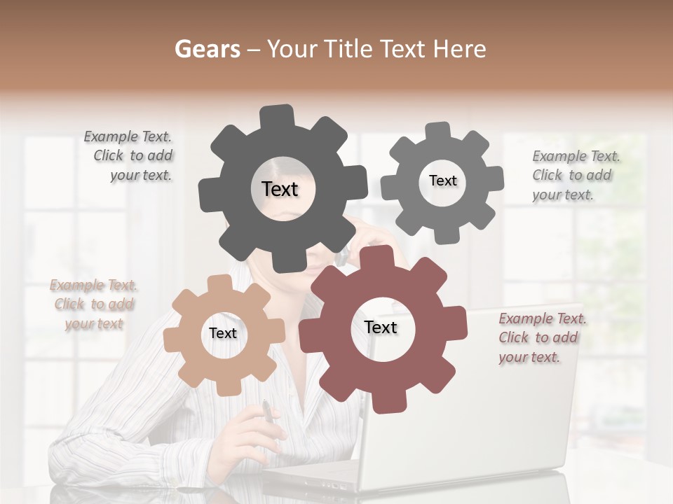 Young Woman Calls On Cellphone Over A Laptop Computer. There Is Morning At Home In A Light And Clean Living Room Dominated By White And Soft Tones. PowerPoint Template