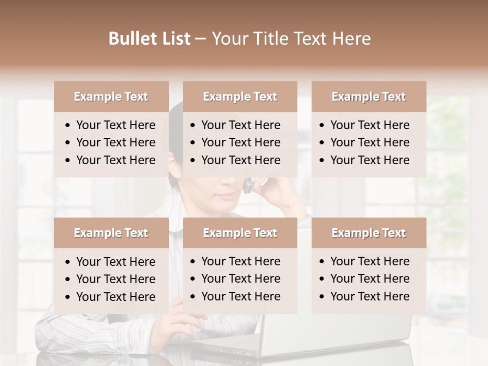 Young Woman Calls On Cellphone Over A Laptop Computer. There Is Morning At Home In A Light And Clean Living Room Dominated By White And Soft Tones. PowerPoint Template