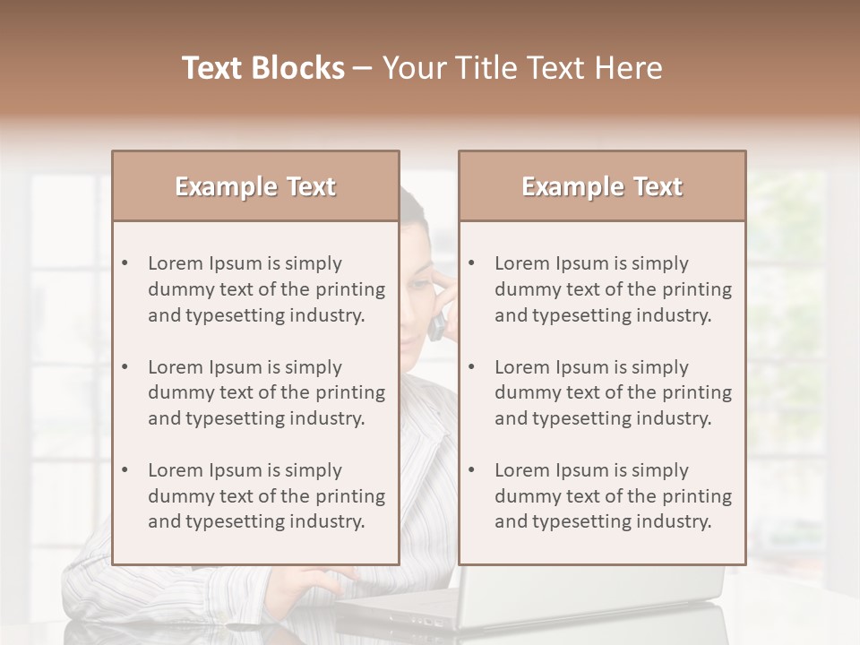 Young Woman Calls On Cellphone Over A Laptop Computer. There Is Morning At Home In A Light And Clean Living Room Dominated By White And Soft Tones. PowerPoint Template