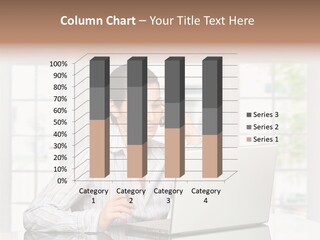 Young Woman Calls On Cellphone Over A Laptop Computer. There Is Morning At Home In A Light And Clean Living Room Dominated By White And Soft Tones. PowerPoint Template