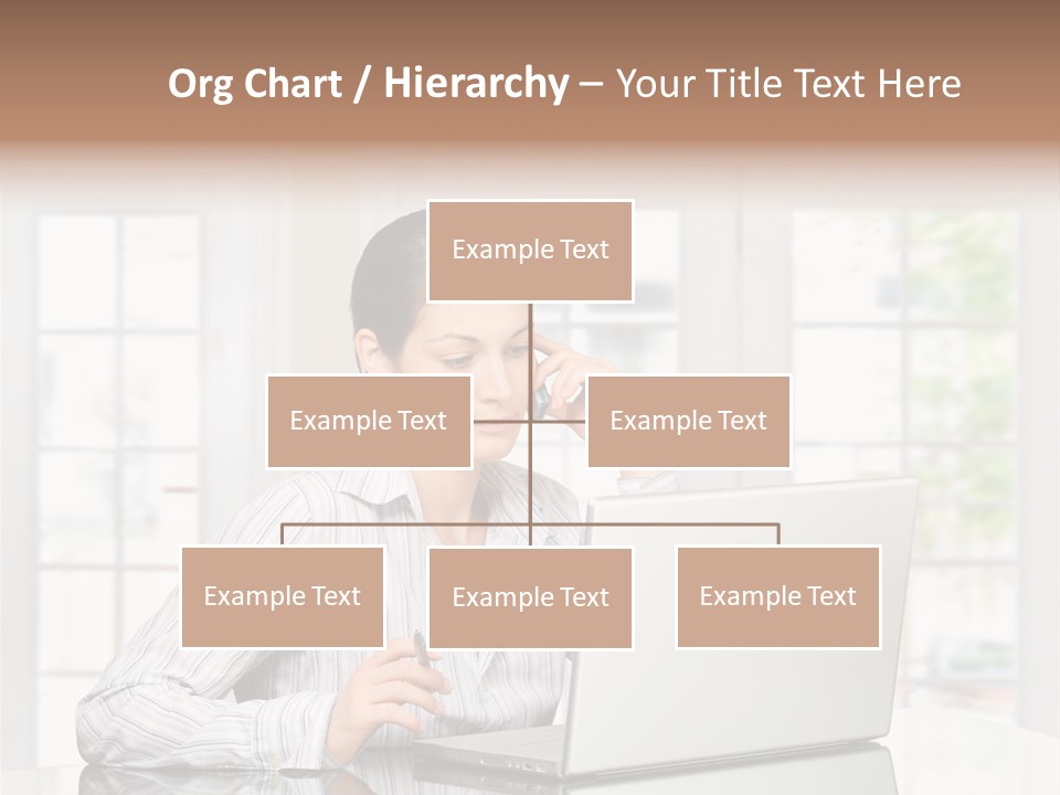 Young Woman Calls On Cellphone Over A Laptop Computer. There Is Morning At Home In A Light And Clean Living Room Dominated By White And Soft Tones. PowerPoint Template