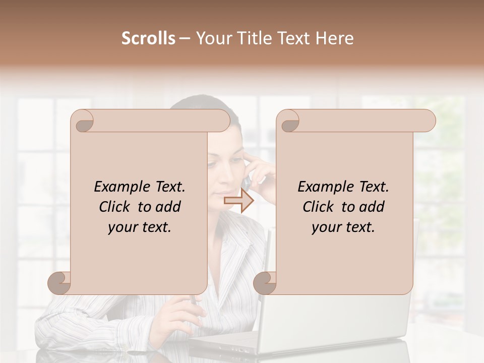 Young Woman Calls On Cellphone Over A Laptop Computer. There Is Morning At Home In A Light And Clean Living Room Dominated By White And Soft Tones. PowerPoint Template
