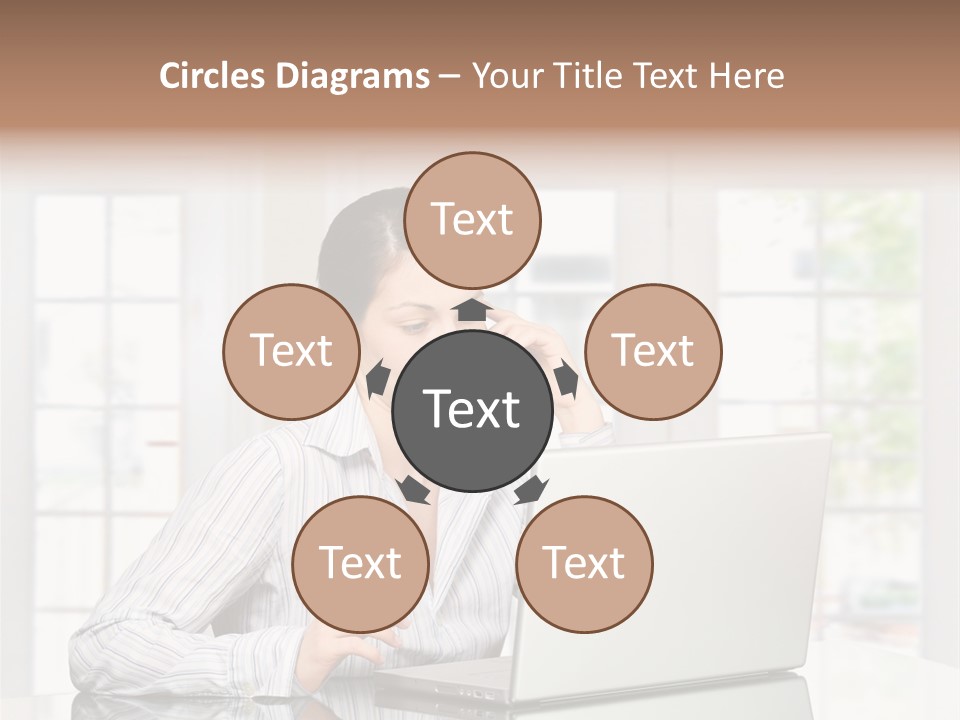 Young Woman Calls On Cellphone Over A Laptop Computer. There Is Morning At Home In A Light And Clean Living Room Dominated By White And Soft Tones. PowerPoint Template