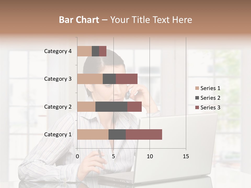 Young Woman Calls On Cellphone Over A Laptop Computer. There Is Morning At Home In A Light And Clean Living Room Dominated By White And Soft Tones. PowerPoint Template