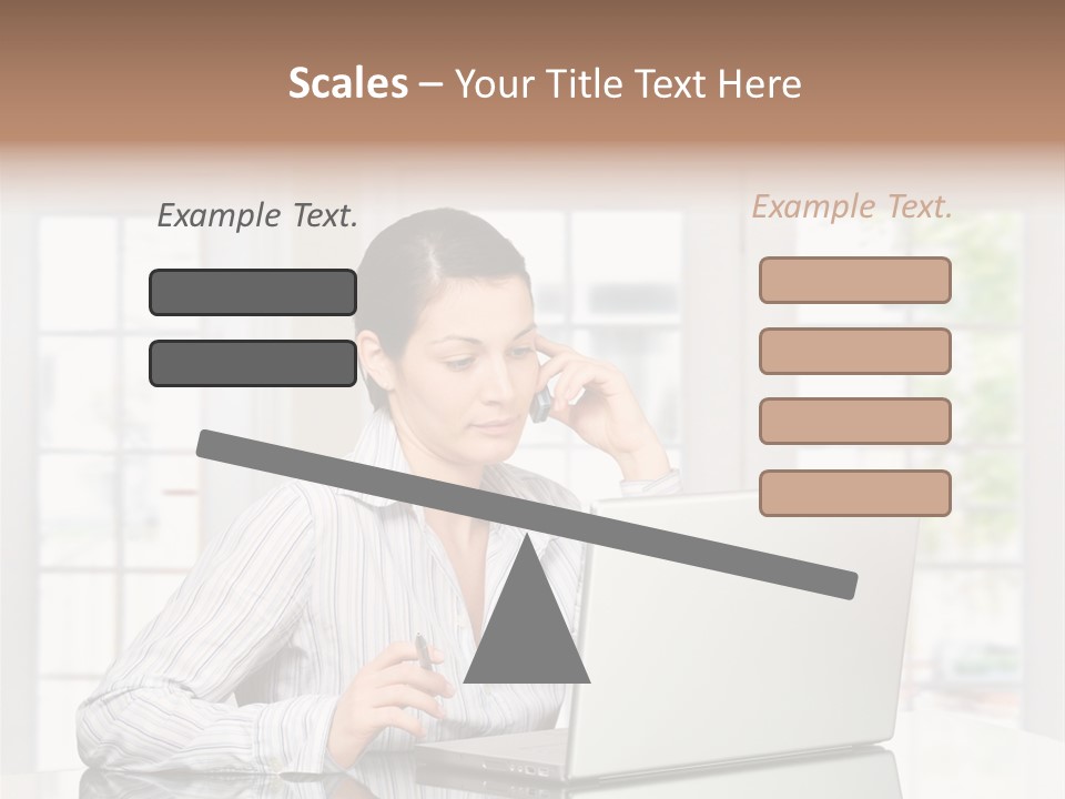 Young Woman Calls On Cellphone Over A Laptop Computer. There Is Morning At Home In A Light And Clean Living Room Dominated By White And Soft Tones. PowerPoint Template
