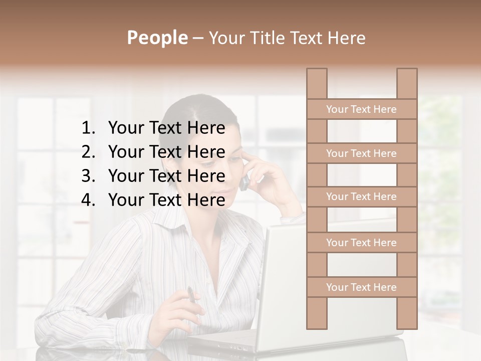 Young Woman Calls On Cellphone Over A Laptop Computer. There Is Morning At Home In A Light And Clean Living Room Dominated By White And Soft Tones. PowerPoint Template