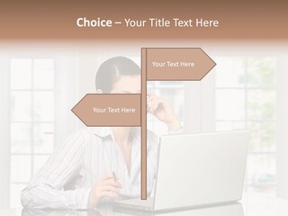 Young Woman Calls On Cellphone Over A Laptop Computer. There Is Morning At Home In A Light And Clean Living Room Dominated By White And Soft Tones. PowerPoint Template