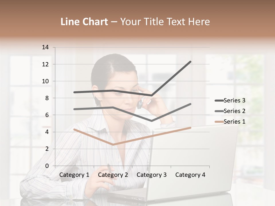 Young Woman Calls On Cellphone Over A Laptop Computer. There Is Morning At Home In A Light And Clean Living Room Dominated By White And Soft Tones. PowerPoint Template