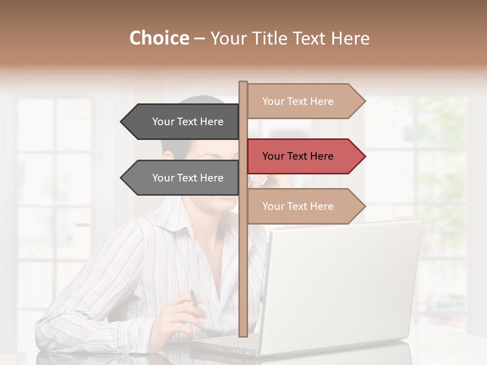 Young Woman Calls On Cellphone Over A Laptop Computer. There Is Morning At Home In A Light And Clean Living Room Dominated By White And Soft Tones. PowerPoint Template