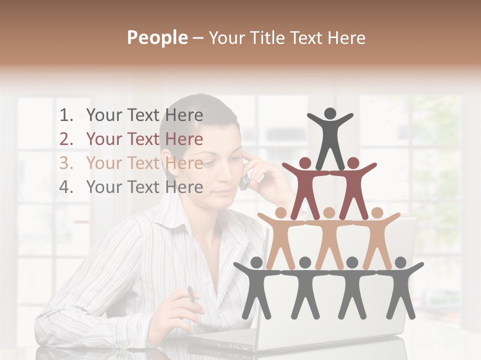 Young Woman Calls On Cellphone Over A Laptop Computer. There Is Morning At Home In A Light And Clean Living Room Dominated By White And Soft Tones. PowerPoint Template