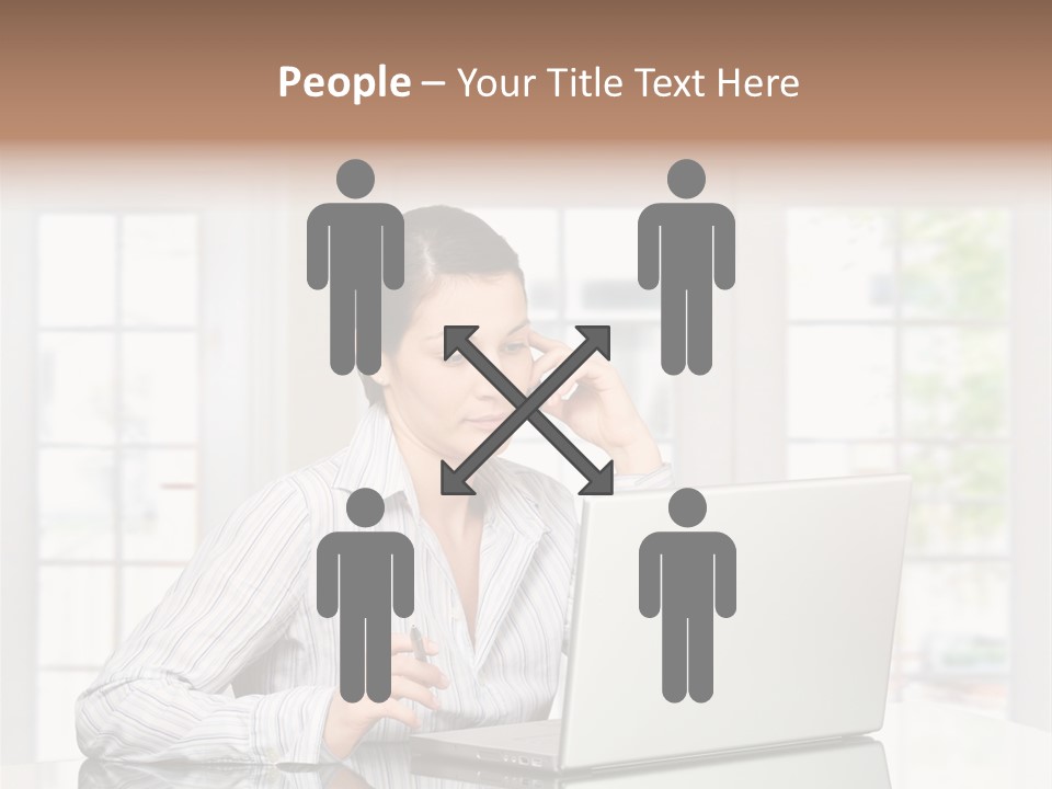 Young Woman Calls On Cellphone Over A Laptop Computer. There Is Morning At Home In A Light And Clean Living Room Dominated By White And Soft Tones. PowerPoint Template