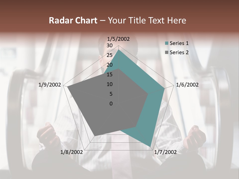 Businessman Meditating In Lotus Position In Front Of An Escalator Indoor. PowerPoint Template