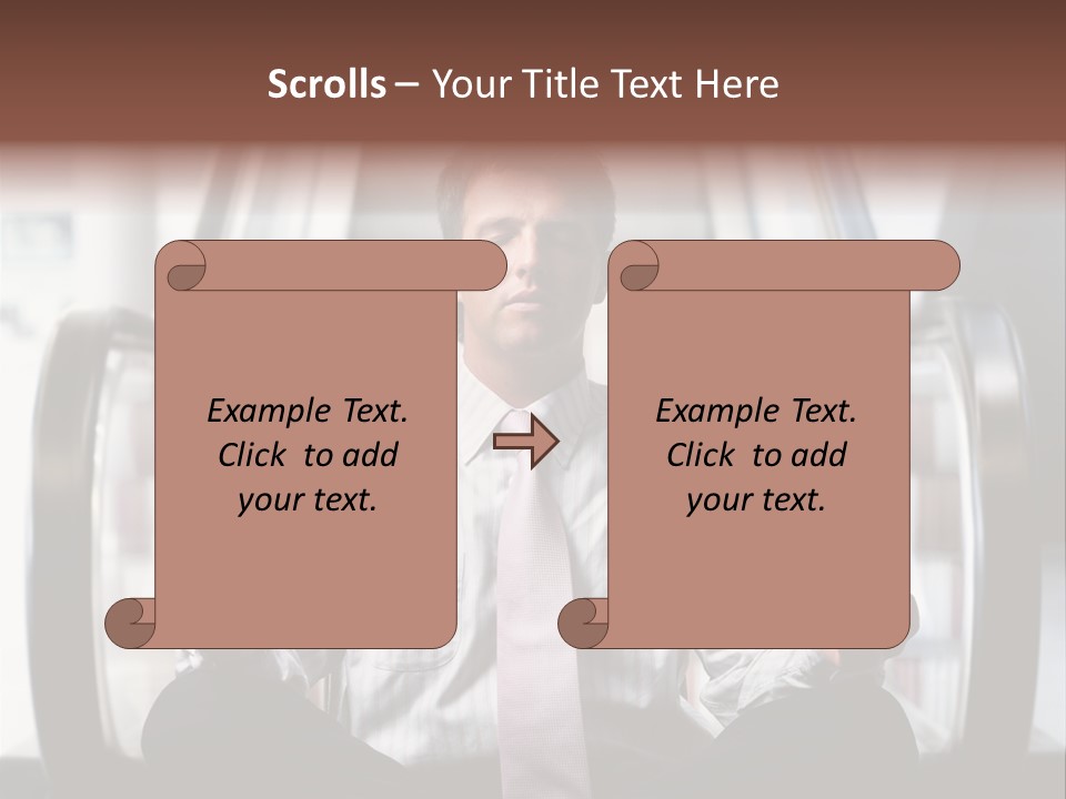 Businessman Meditating In Lotus Position In Front Of An Escalator Indoor. PowerPoint Template