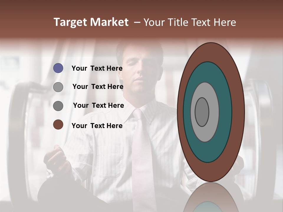 Businessman Meditating In Lotus Position In Front Of An Escalator Indoor. PowerPoint Template