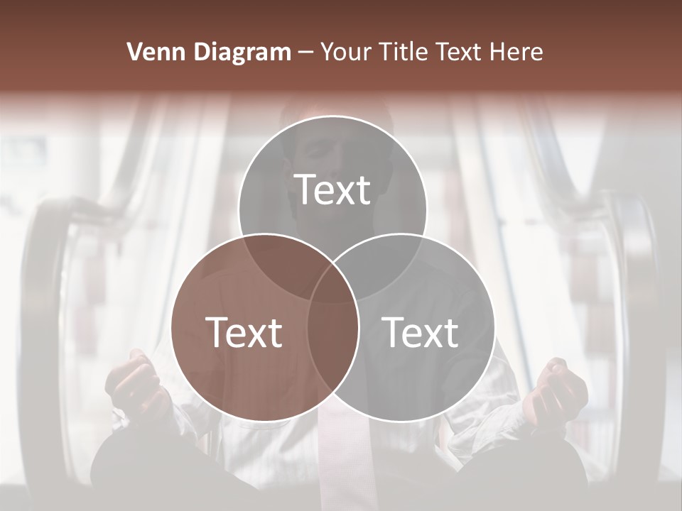 Businessman Meditating In Lotus Position In Front Of An Escalator Indoor. PowerPoint Template