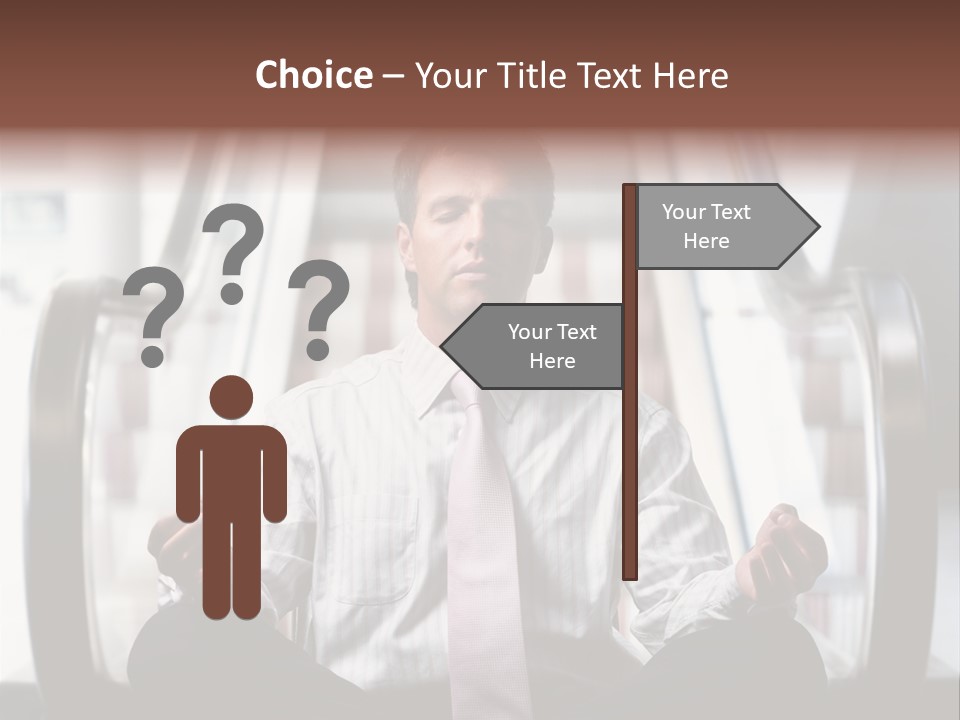 Businessman Meditating In Lotus Position In Front Of An Escalator Indoor. PowerPoint Template