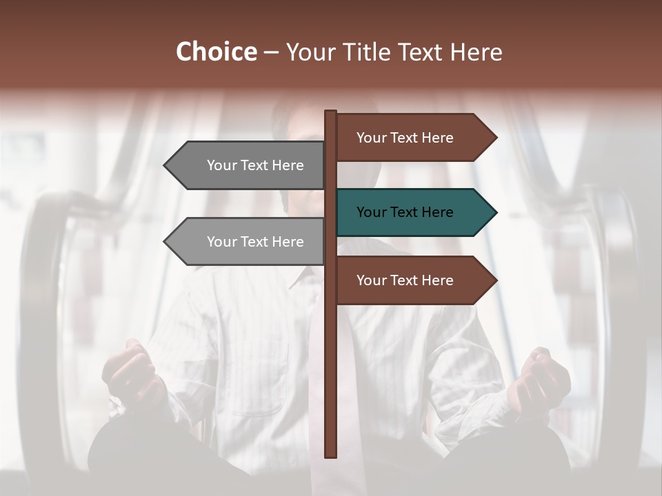 Businessman Meditating In Lotus Position In Front Of An Escalator Indoor. PowerPoint Template